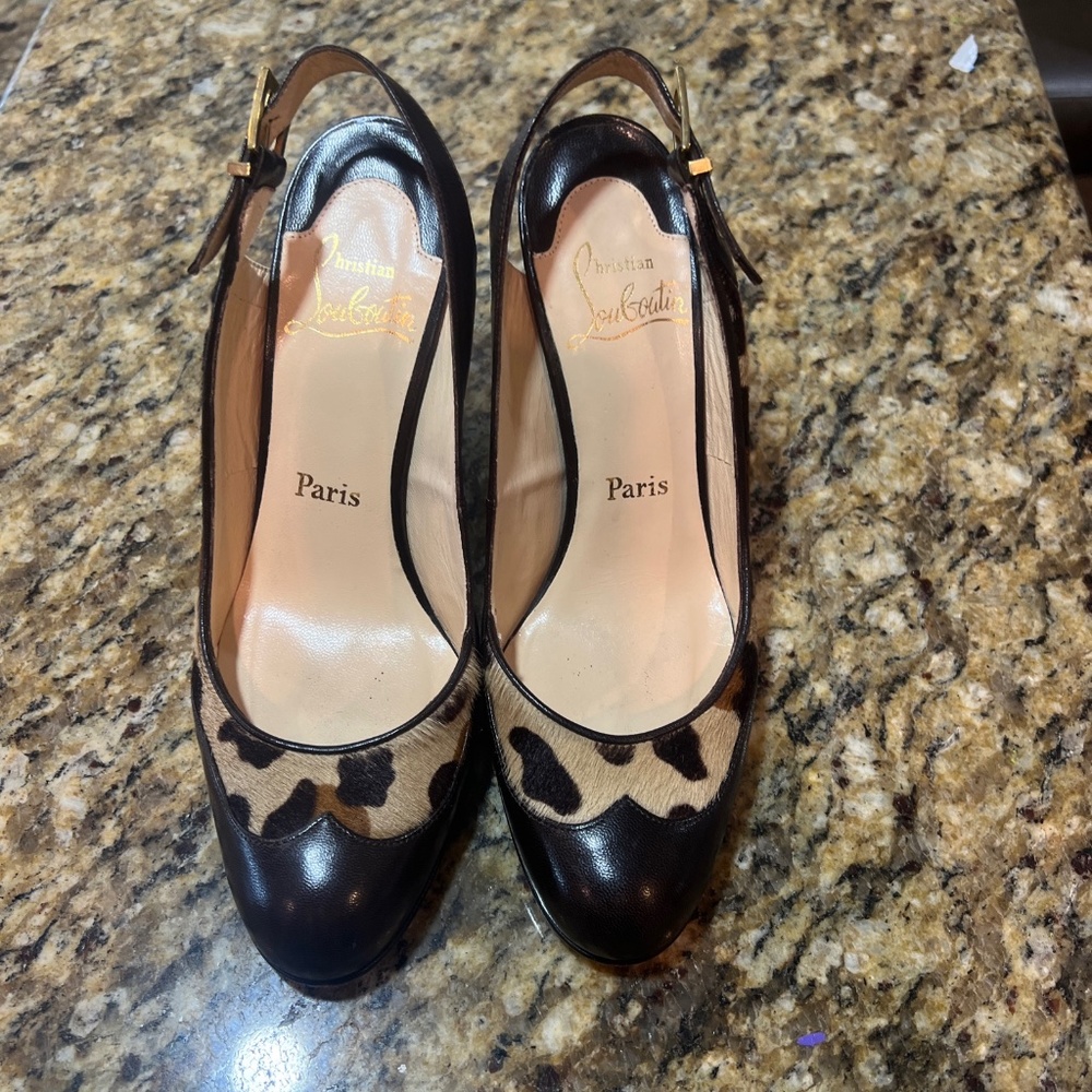 Christian louboutin mohair animal print brown and tan wedges 37.5